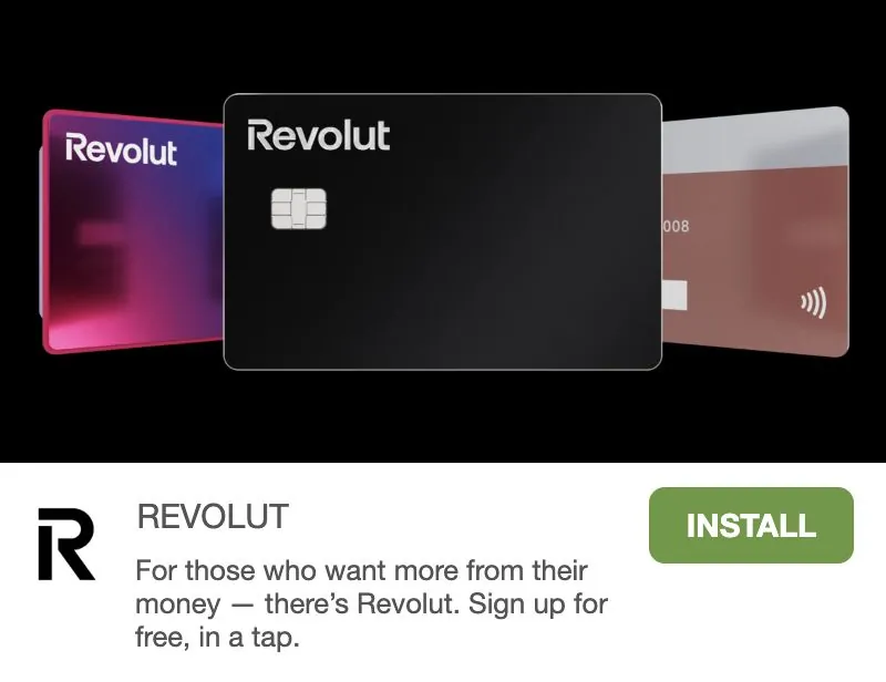 Revolut native ad with three cards and an install button