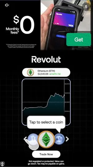 Split screen ad: zero monthly fees video with crypto trading playable