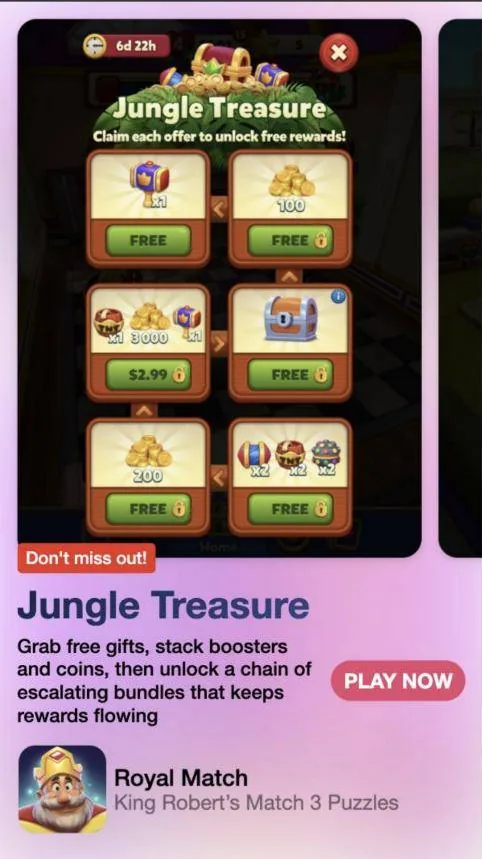 Royal Match native ad for the Jungle Treasure event